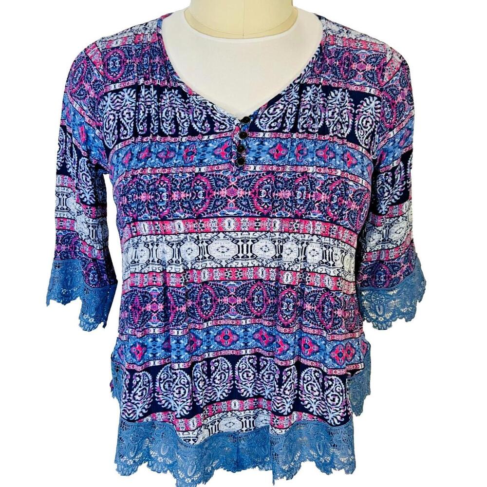 One World Peasant Top Blouse Womens XL Blue Purple 3/4 Sleeve Crochet V-Neck